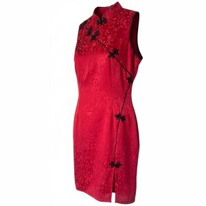 Vintage Red Qipao Mandarin Collar Mini Dress Frog Closures Sz Medium Made In USA